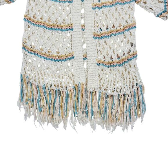 Boho Hippie Cotton Crochet Open Knit Fringe Long Hooded Duster Women's Size M/L - Picture 2 of 8